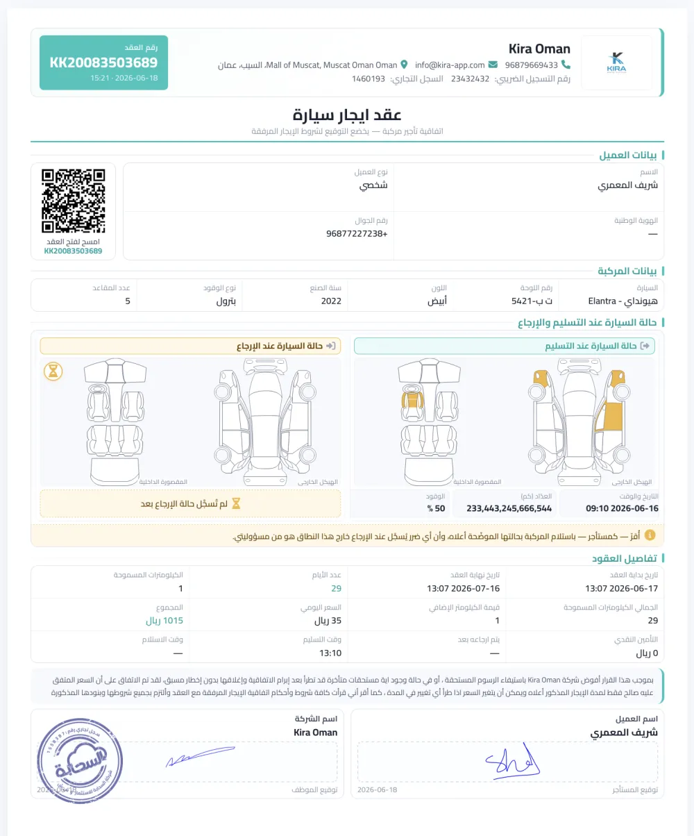 نموذج عقد إيجار سيارة من كيرا — يوضّح حالة المركبة عند التسليم والإرجاع موثّقة بالصور