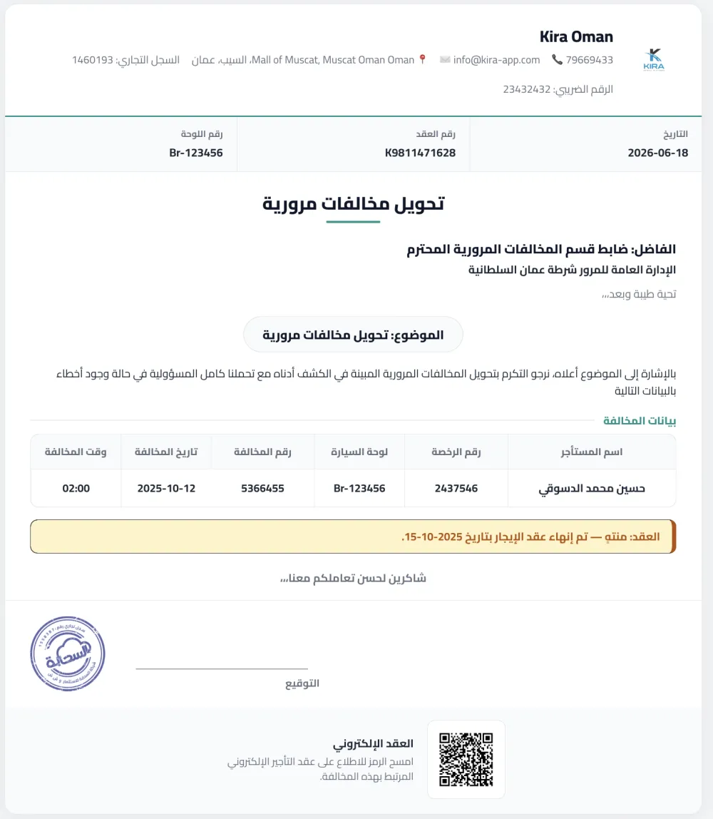 خطاب شرطة إلكتروني لتحويل مخالفة مرورية