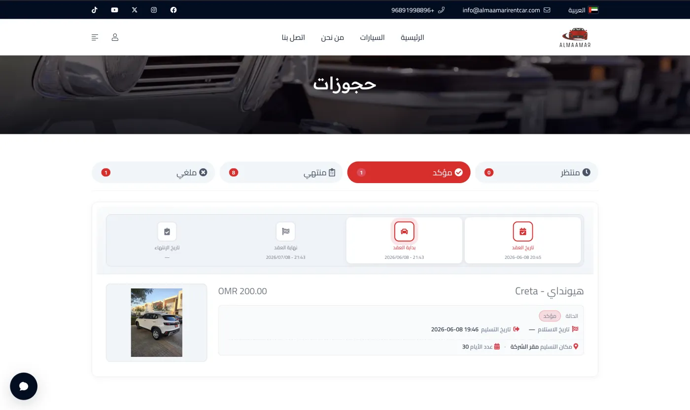 The customer bookings page on a car rental website — vehicle, duration, amount, and contract status